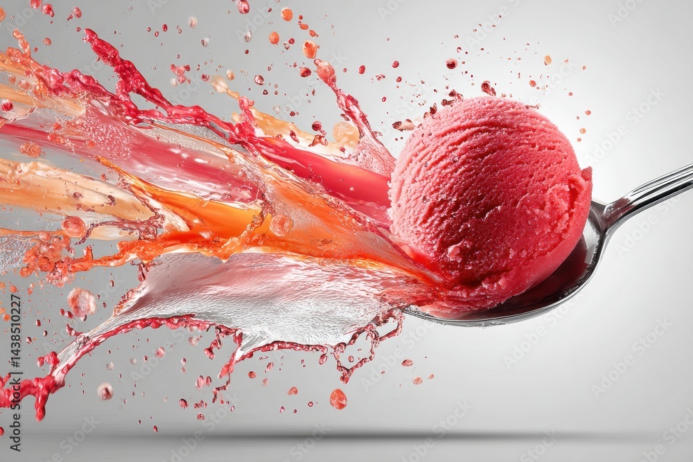 Poster Scoop of Sorbet Floating Above a Silver Spoon With Vibrant Splash and Droplets Creating a Dynamic Visual Display