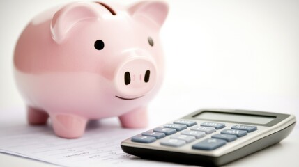 Cute Pink Piggy Bank with Calculator on Table for Financial Management