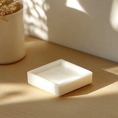 Minimalistic white tray on wooden surface with soft shadows and dried flowers in background