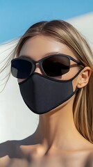 Naklejka premium Blonde Woman's Face Featuring Sunglasses and Protective Mask Under Blue Sky Backdrop