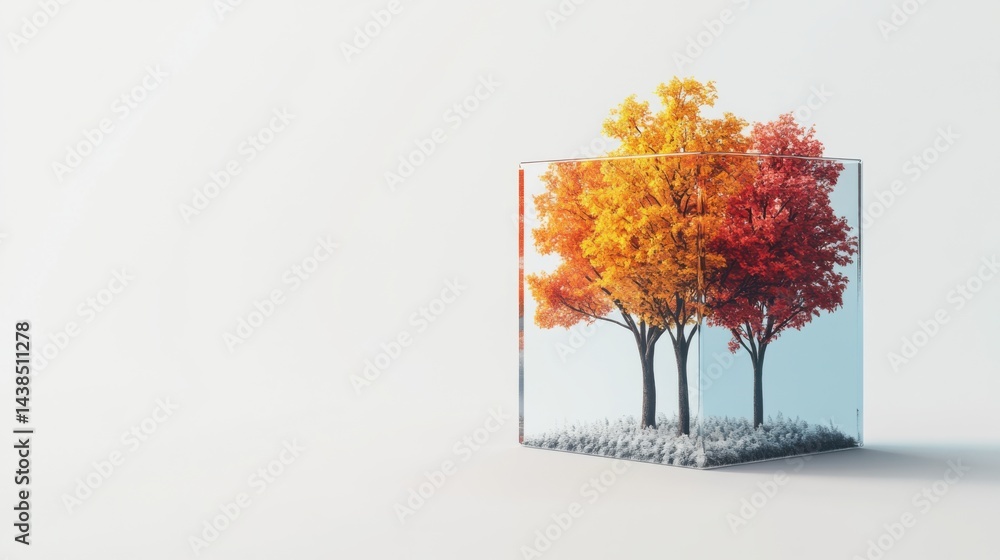 Poster autumn colors in a glass cube with orange and red trees displayed