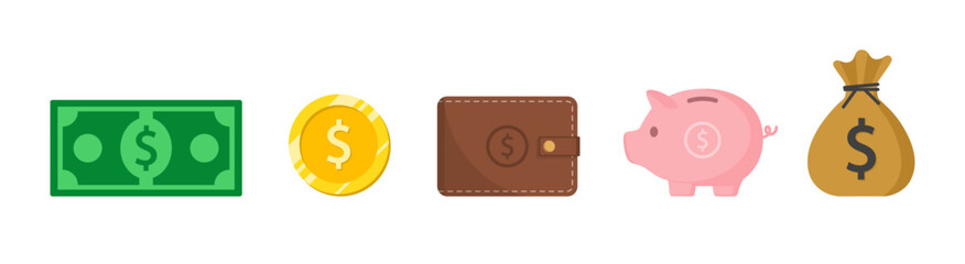 Piggy bank, coin, wallet, banknote, money bag sack icon set with dollar currency symbol vector illustration. Business, money and finance icons collection elements design.