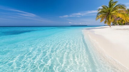 Crystal-clear water lapping at white sandy beach, tropical paradise with palm trees under bright sunny sky, perfect for relaxation.