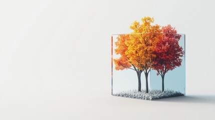 Autumn Colors in a Glass Cube with Orange and Red Trees Displayed