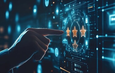 Customer feedback interface.  A hand points to a group of stars, signifying positive customer ratings.  Interactive display shows data visualization