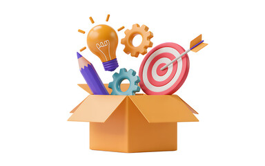 Creative Ideas and Business Goals in a Box 3D Illustration on transparent background