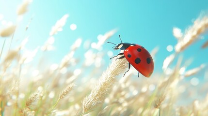 Fototapeta premium A ladybug perched on a blade of grass with a clear blue sky in the background