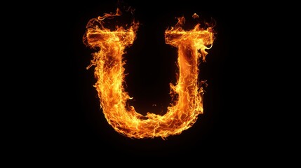 Fiery letter U, burning flames, black background, alphabet fire