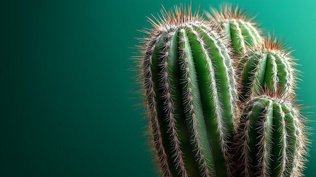 Close-up of green cereus cactus with spines on vibrant green background