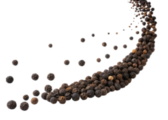 Black peppercorns swirling in dynamic spiral motion, showcasing natural spice texture and rich dark brown color