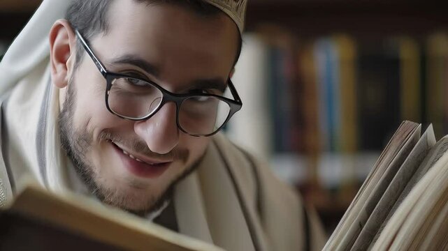 Young Jewish student wearing religious attire, deeply engaged in reading with a warm smile while sitting near bookshelves, embodying scholarly tradition and learning passion