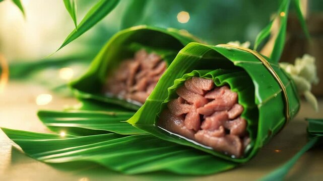 Sticky rice dumplings wrapped in bamboo leaves and filled with meat.