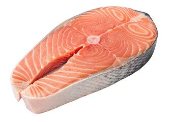 Salmon steak fresh raw seafood with pink flesh and silver skin isolated transparency background for healthy cooking and delicious meal preparation