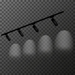 Track lighting system with five spotlights directed downwards and slightly to the right on a transparent background. Diffused lighting effect. For lighting paintings, decor. Vector illustration EPS10.