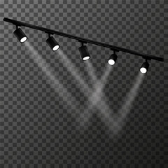 Modern lighting system with five spotlights on a transparent background. Minimalistic design. The light beam is directed downwards, creating a sense of depth. Vector illustration EPS10.