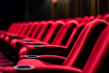 Closeup of Red Velvet Seats with Cup Holders in Cinema Auditorium Interior