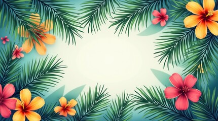 Naklejka premium Vibrant Tropical Floral Frame with Colorful Hibiscus and Lush Greenery for Artistic Background