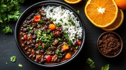 **Hearty Brazilian Feijoada Black Bean Stew With Pork, Served With White Rice, Orange Slices, And Farofa, Styled For Festive Food Ad --Ar 16:9 --S 260** - @Darya (Relaxed)