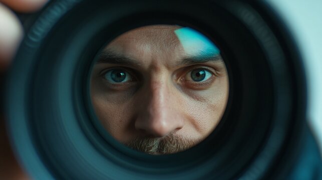 Man peering through camera lens, focused expression, artistically capturing moments, creative exploration and vision.