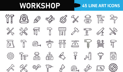 Workshop Tool Line Icons Set Minimalist Repair & Construction Symbols for Design Projects with transparent background.

