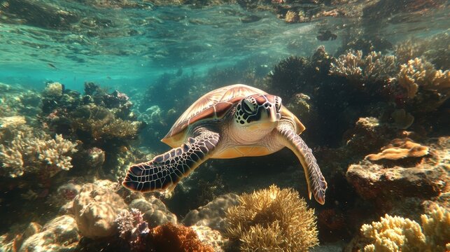 A sea turtle gracefully swimming over a healthy coral reef