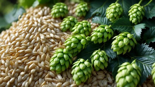 Components for brewing beer, hops, and barley grains arranged in a decorative pile. Close-up of hop cones and barley.
