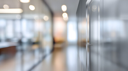 Dynamic office space with blurred background and door modern workspace professional environment