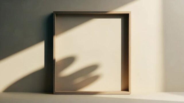 Empty wooden frame on a light-colored wall. Flat lay composition. Minimalist frame. Simple frame. Natural frame.