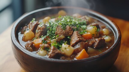 Hearty beef and vegetable stew steaming hot in a rustic dark brown bowl, perfect for culinary blogs, winter menus, or comfort food advertising with available copy space.