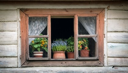 window of an old village house in ukraine with plants inside