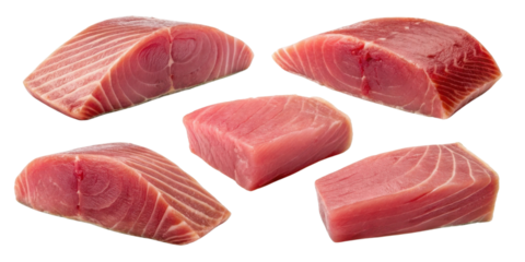 Fresh tuna steak pieces with rich pink color and smooth texture perfect for cooking or sushi preparation in clean presentation