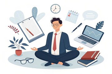 Businessman Meditating with Office Supplies and Digital Devices