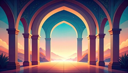 Obraz premium Majestic sunset over arched landscape serene mountains digital art tranquil environment wide angle nature's beauty