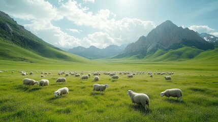 A herd of sheep grazing peacefully in a green meadow on a sunny day