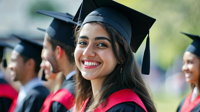 Joyful graduation celebration: happy graduate smiling proudly in line of peers