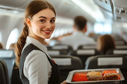 Friendly stewardess serving delicious in-flight meals to passengers in a modern airplane cabin, showcasing hospitality and comfort during travel experience