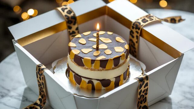 Charming leopard print mini cake presented in a white box, perfect for birthday parties and special occasions