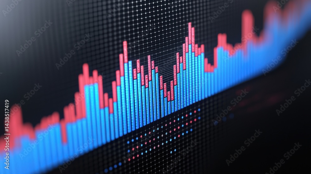 Poster digital bar graph showing fluctuating data trends in red and blue on a dark screen, representing fin