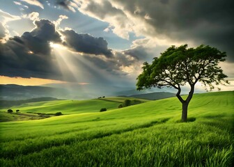 Naklejka premium A solitary tree on a vibrant green hill under a dramatic sky, highlighting the balance between nature's resilience and environmental change