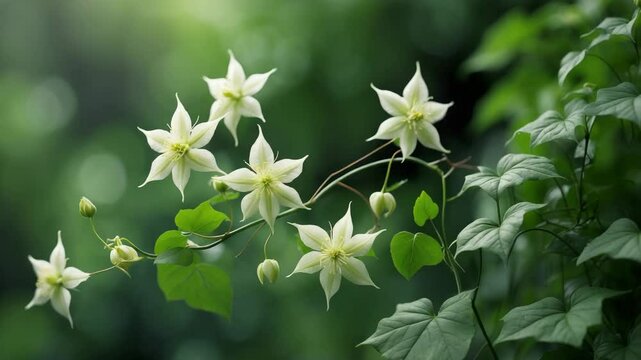 Clematis flowers in the foreground.
