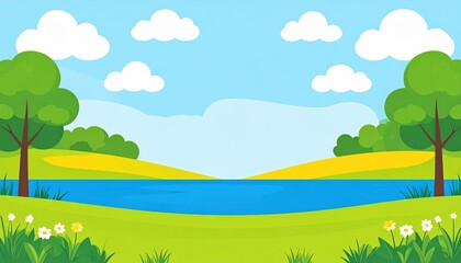 Fototapeta premium Tranquil water reflection serene lake nature illustration lush greenery panoramic view peaceful landscape scene