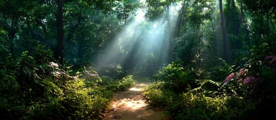 Fototapeta premium In the dense forest, sunlight shines through the leaves and reflects on the ground, creating an