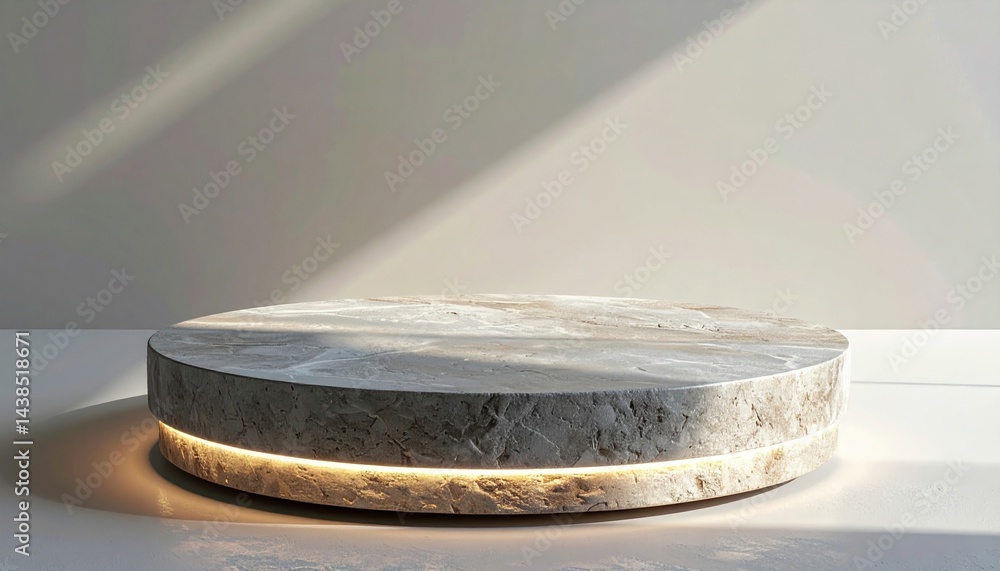 Poster minimalist round marble display stand studio setting product photography bright environment close-up
