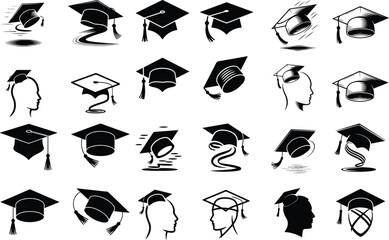 Graduation Cap Silhouette Set | Education Achievement Vector Graduation Hat Silhouette Collection | Academic Success Icons