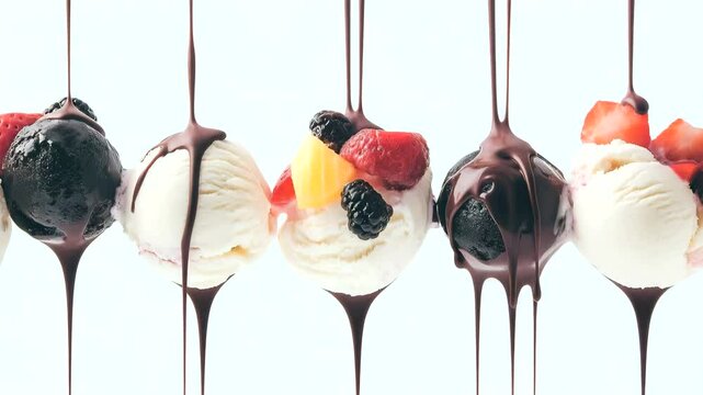 A row of ice cream cones with different toppings, including chocolate and fruit. Concept of indulgence and enjoyment, as the various toppings create a visually appealing and delicious display	
