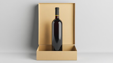Dark Wine Bottle Inside Open Beige Box on White Background Elegant Presentation