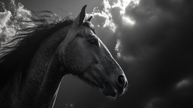 A close-up of a horse is face with its mane blowing in the wind