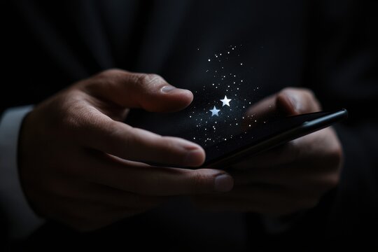 Mobile phone displaying glowing stars, a concept of positive feedback or rating