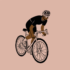 Person in helmet, sport suit riding bicycle. Cyclist in movement. Side view. Ride, cycling, bicycle, sport concept. Hand drawn modern Vector illustration. Isolated design element