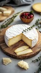 Delicious Brie Cheese Wheel Served on Wooden Board with Thyme and Radishes